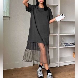 DAZY Women Mesh Tulle Hem Round Neck Loose Short Sleeve T-Shirt Dress Gray 1XL
